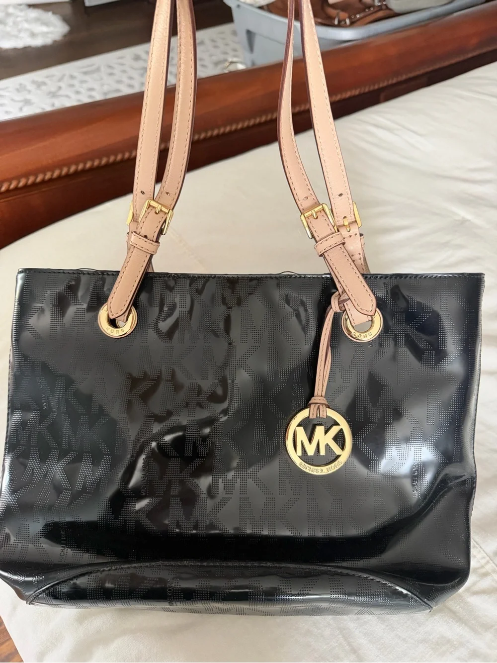Michael Kors Black Logo Shoulder Tote with Neutral Leather Straps
